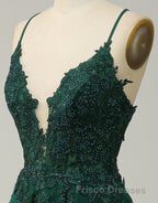 A-Line Tulle Spaghetti Straps Appliques Long Formal Prom Dress with Alit