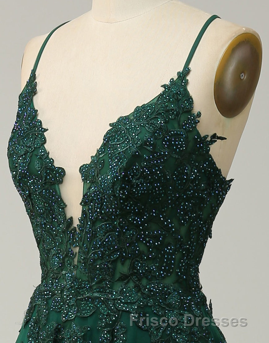 A-Line Tulle Spaghetti Straps Appliques Long Formal Prom Dress with Alit