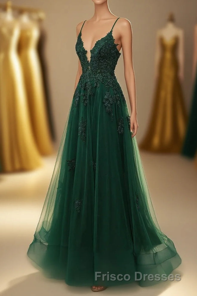 A-Line Tulle Spaghetti Straps Appliques Long Formal Prom Dress with Alit Main image