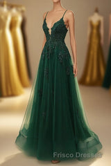 A-Line Tulle Spaghetti Straps Appliques Long Formal Prom Dress with Alit