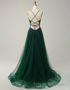 A-Line Tulle Spaghetti Straps Appliques Long Formal Prom Dress with Alit