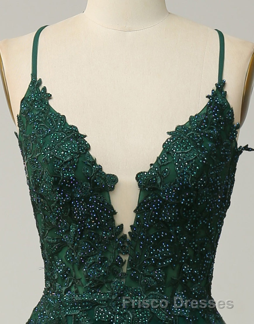 A-Line Tulle Spaghetti Straps Appliques Long Formal Prom Dress with Alit