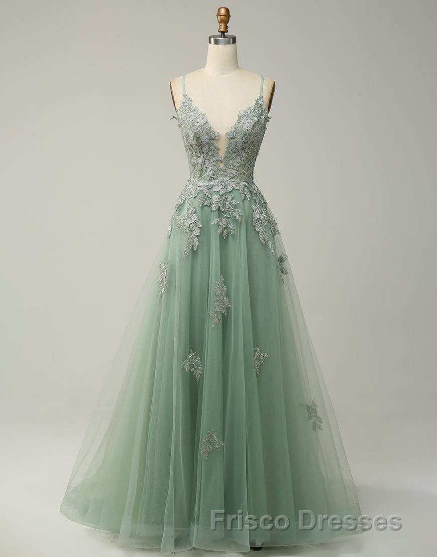 A-Line Tulle Spaghetti Straps Appliques Long Formal Prom Dress with Alit