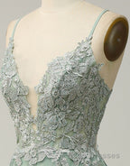 A-Line Tulle Spaghetti Straps Appliques Long Formal Prom Dress with Alit