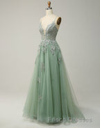 A-Line Tulle Spaghetti Straps Appliques Long Formal Prom Dress with Alit