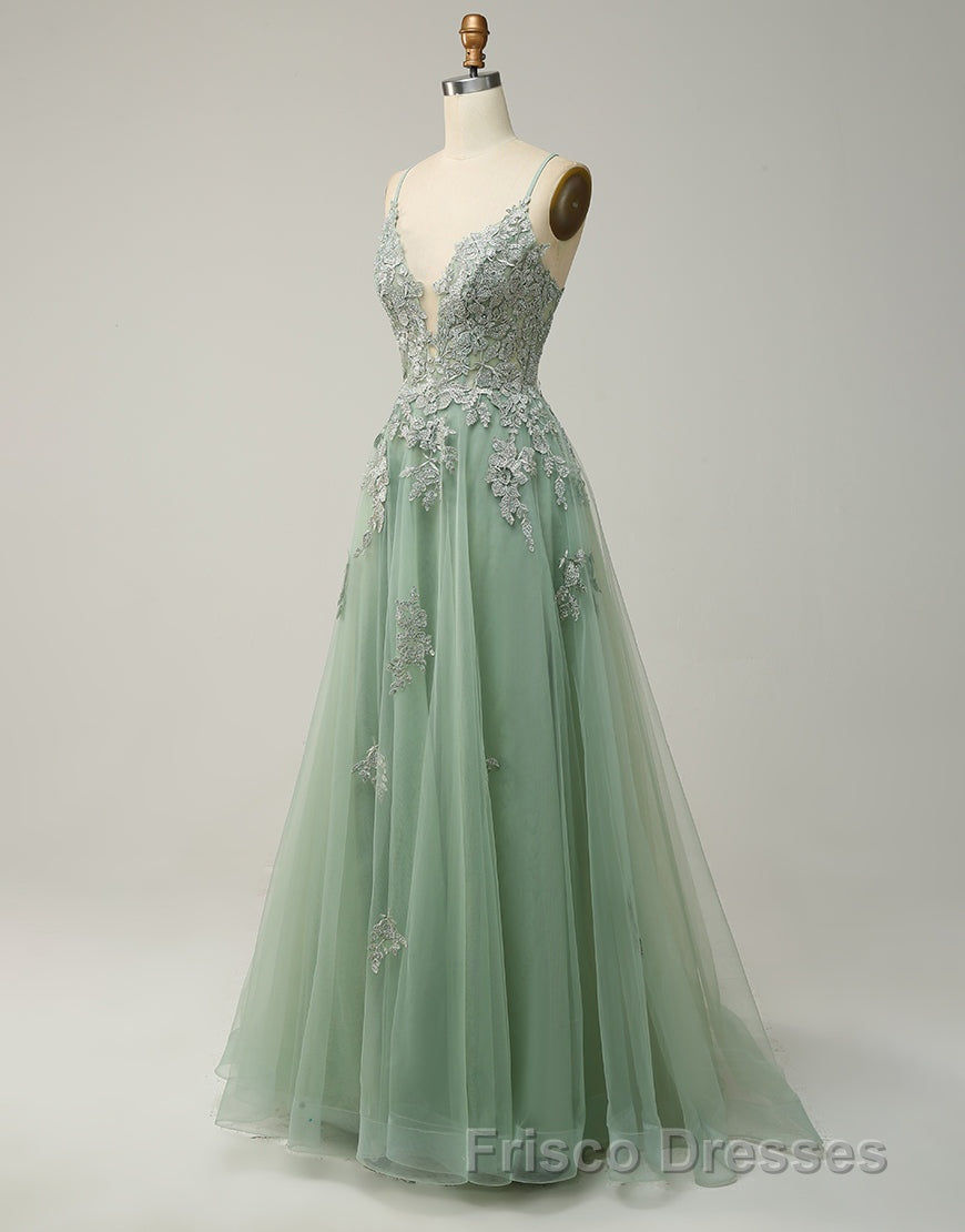 A-Line Tulle Spaghetti Straps Appliques Long Formal Prom Dress with Alit