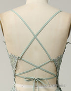 A-Line Tulle Spaghetti Straps Appliques Long Formal Prom Dress with Alit