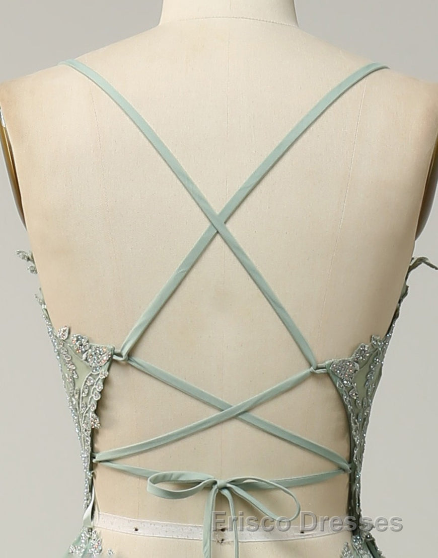 A-Line Tulle Spaghetti Straps Appliques Long Formal Prom Dress with Alit