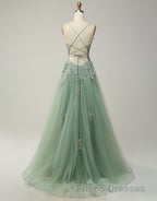 A-Line Tulle Spaghetti Straps Appliques Long Formal Prom Dress with Alit