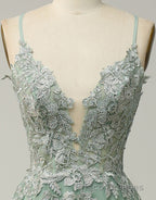 A-Line Tulle Spaghetti Straps Appliques Long Formal Prom Dress with Alit