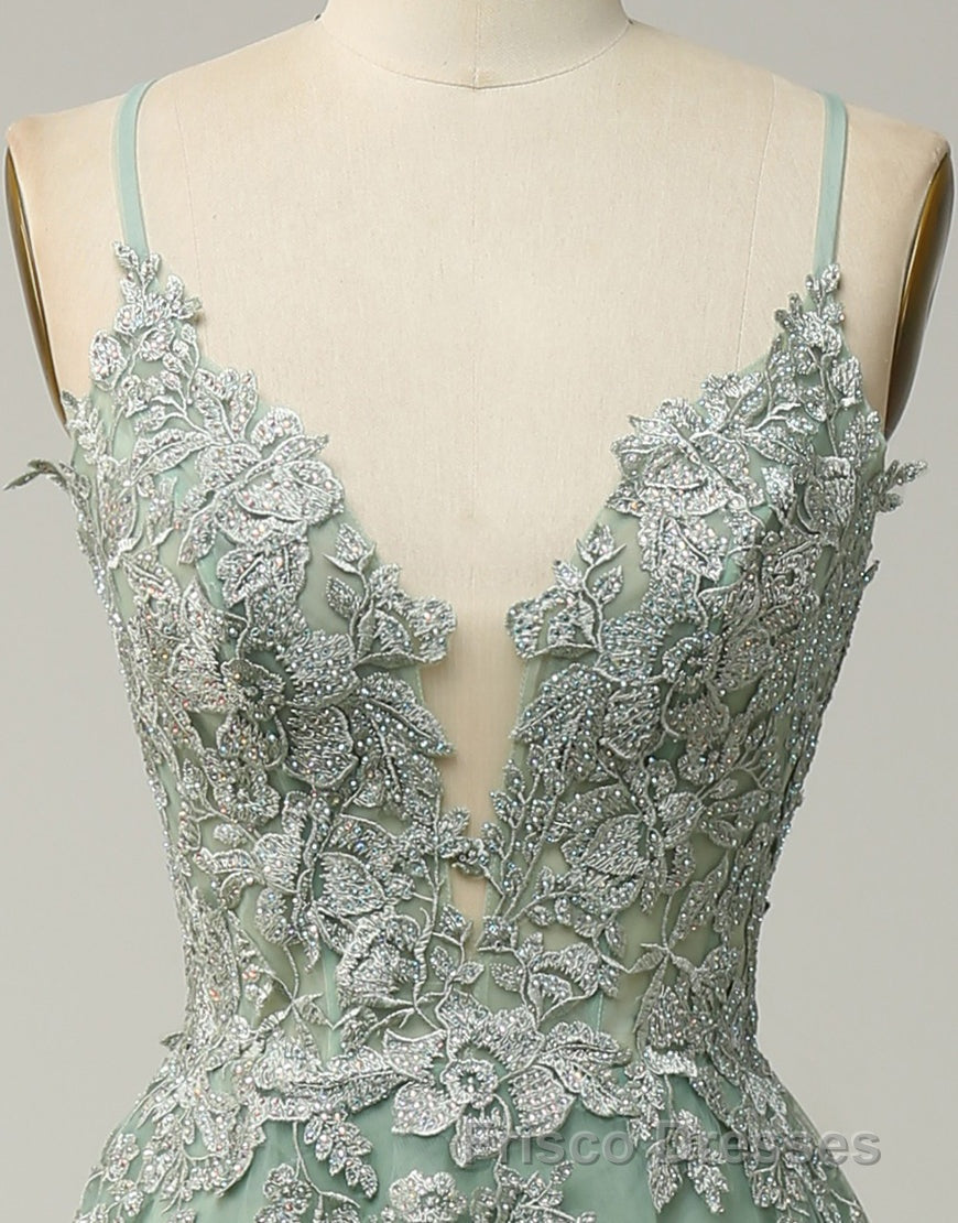 A-Line Tulle Spaghetti Straps Appliques Long Formal Prom Dress with Alit