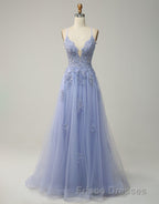 A-Line Tulle Spaghetti Straps Appliques Long Formal Prom Dress with Alit