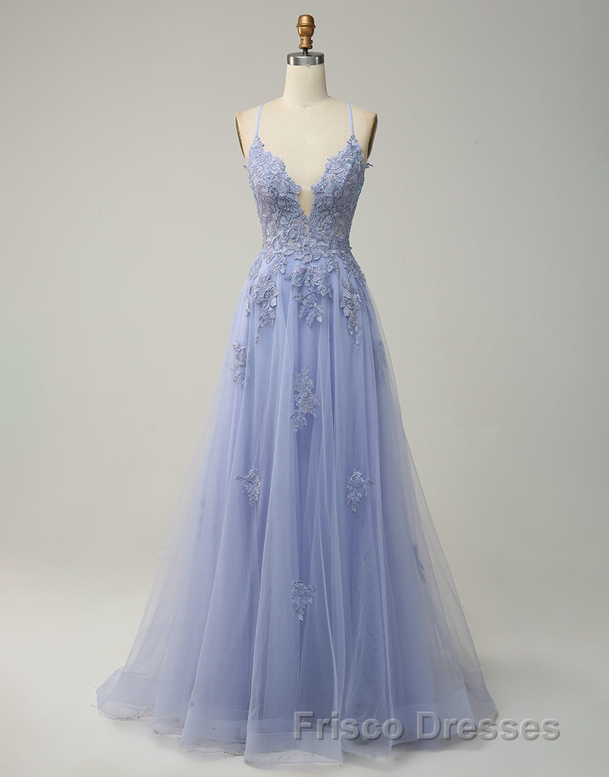 A-Line Tulle Spaghetti Straps Appliques Long Formal Prom Dress with Alit