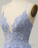 A-Line Tulle Spaghetti Straps Appliques Long Formal Prom Dress with Alit