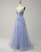 A-Line Tulle Spaghetti Straps Appliques Long Formal Prom Dress with Alit