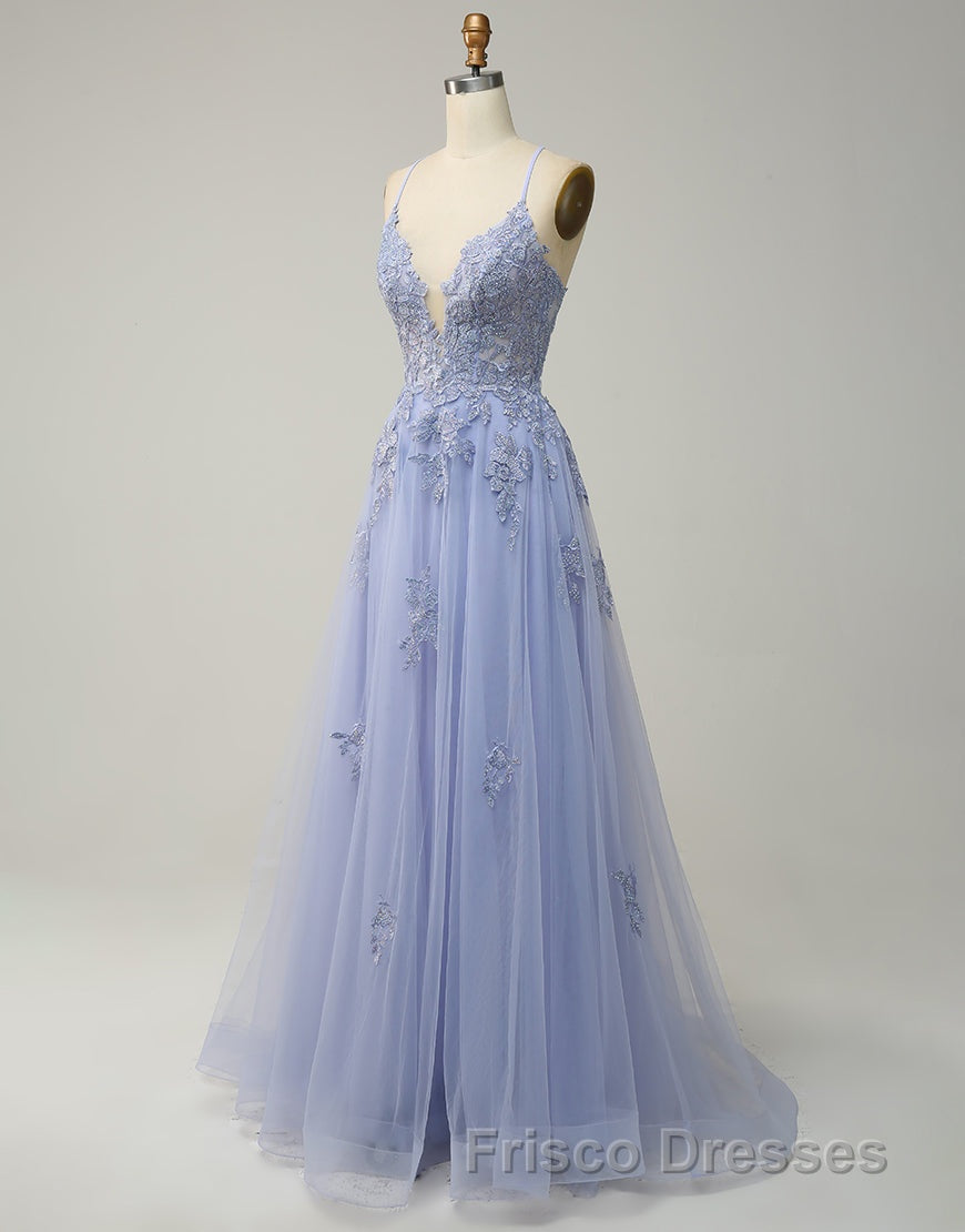 A-Line Tulle Spaghetti Straps Appliques Long Formal Prom Dress with Alit