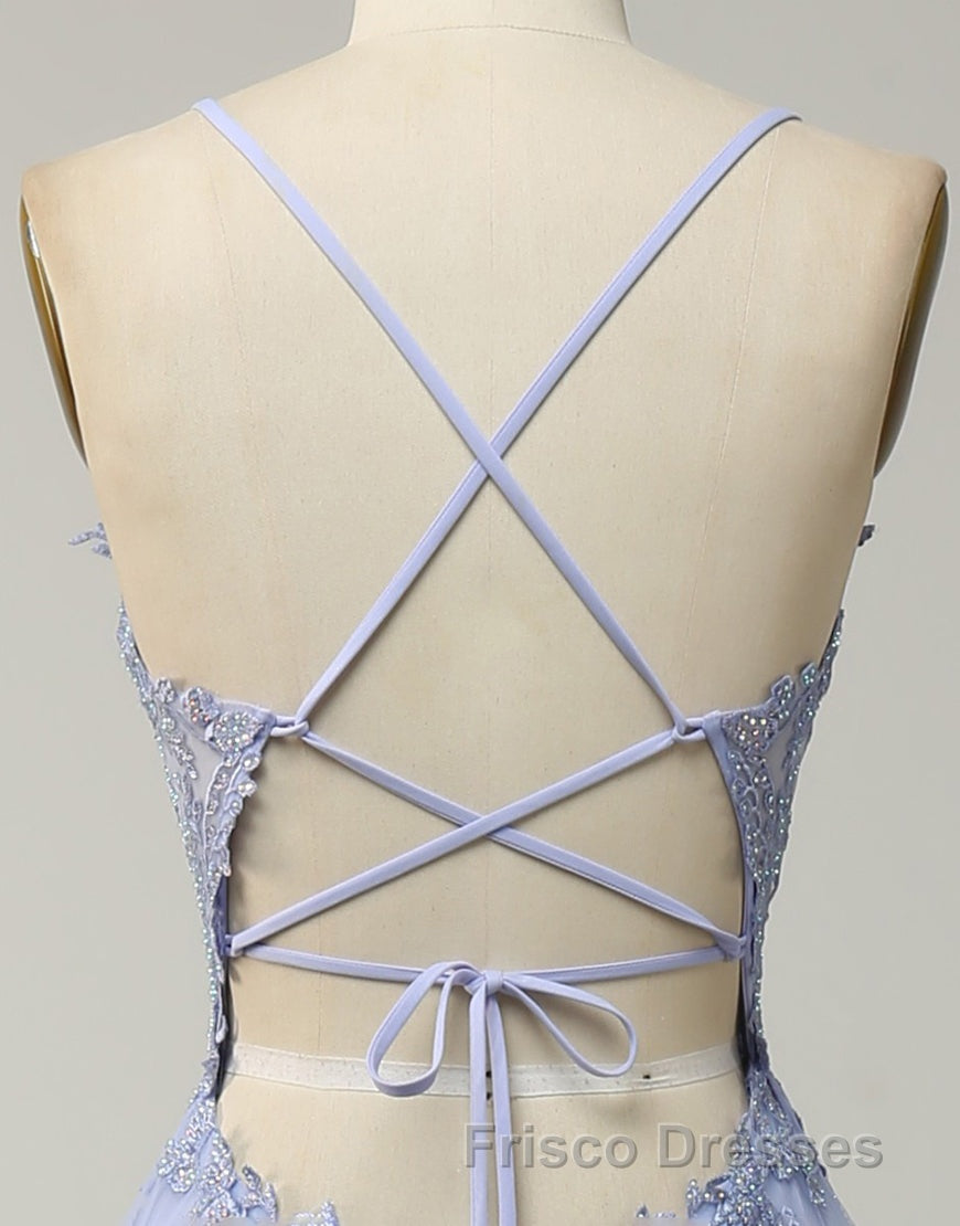 A-Line Tulle Spaghetti Straps Appliques Long Formal Prom Dress with Alit