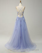 A-Line Tulle Spaghetti Straps Appliques Long Formal Prom Dress with Alit