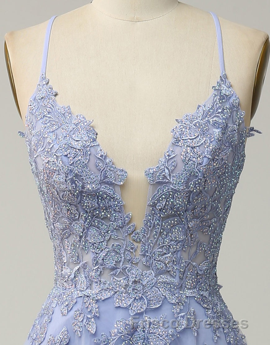 A-Line Tulle Spaghetti Straps Appliques Long Formal Prom Dress with Alit