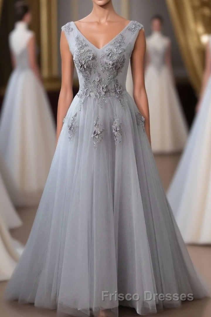 Grey V-Neckline Tulle With Lace Long Formal Prom Dress, Grey A-Line Formal Prom Dress Main image
