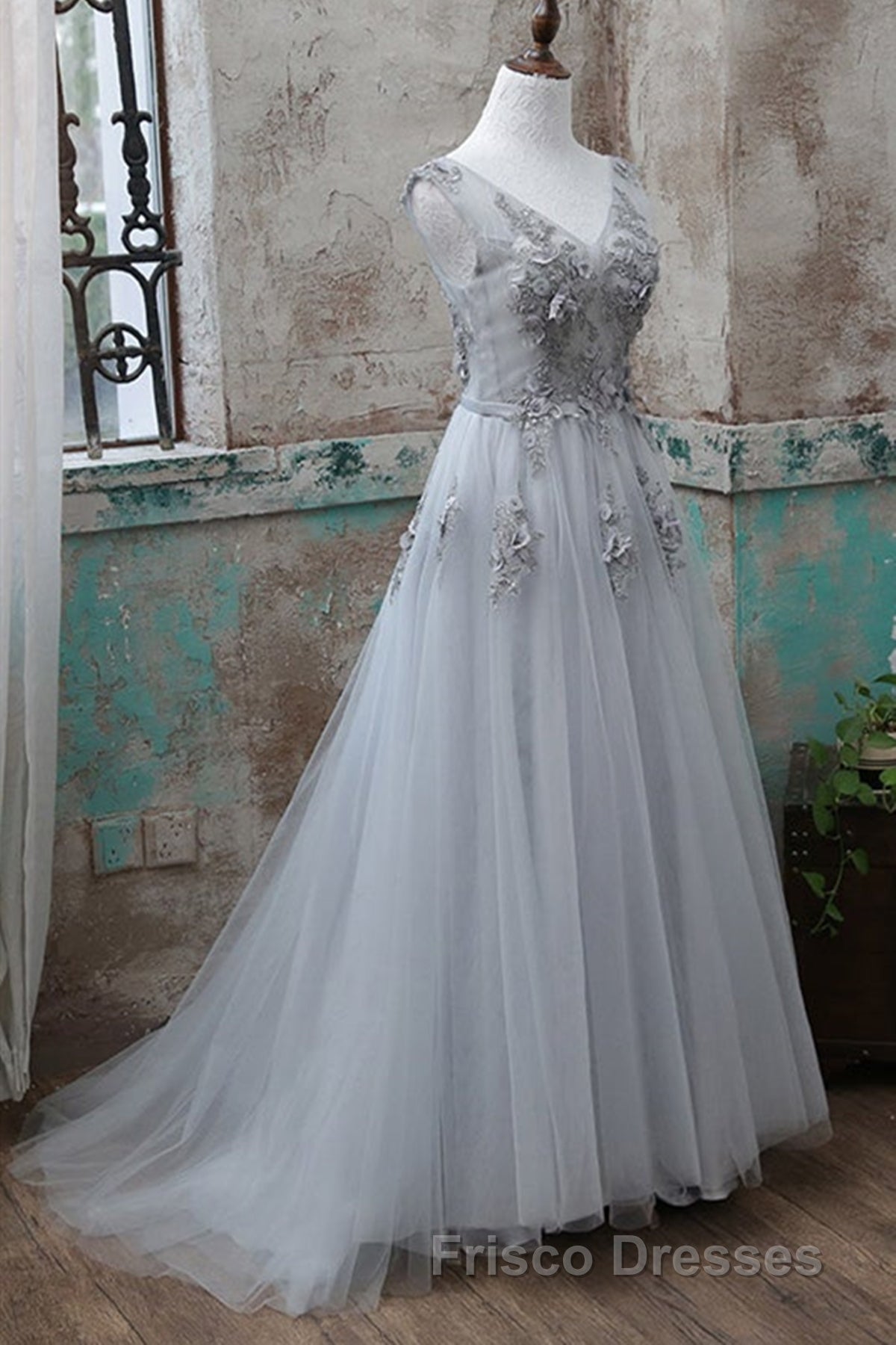 Grey V-Neckline Tulle With Lace Long Formal Prom Dress, Grey A-Line Formal Prom Dress