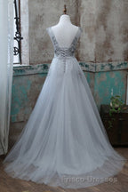 Grey V-Neckline Tulle With Lace Long Formal Prom Dress, Grey A-Line Formal Prom Dress