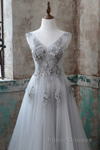 Grey V-Neckline Tulle With Lace Long Formal Prom Dress, Grey A-Line Formal Prom Dress