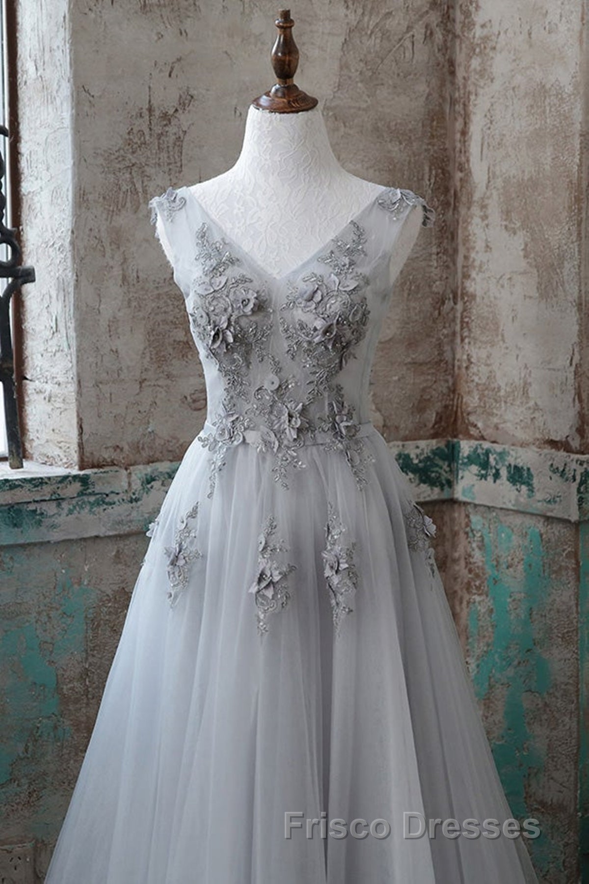 Grey V-Neckline Tulle With Lace Long Formal Prom Dress, Grey A-Line Formal Prom Dress
