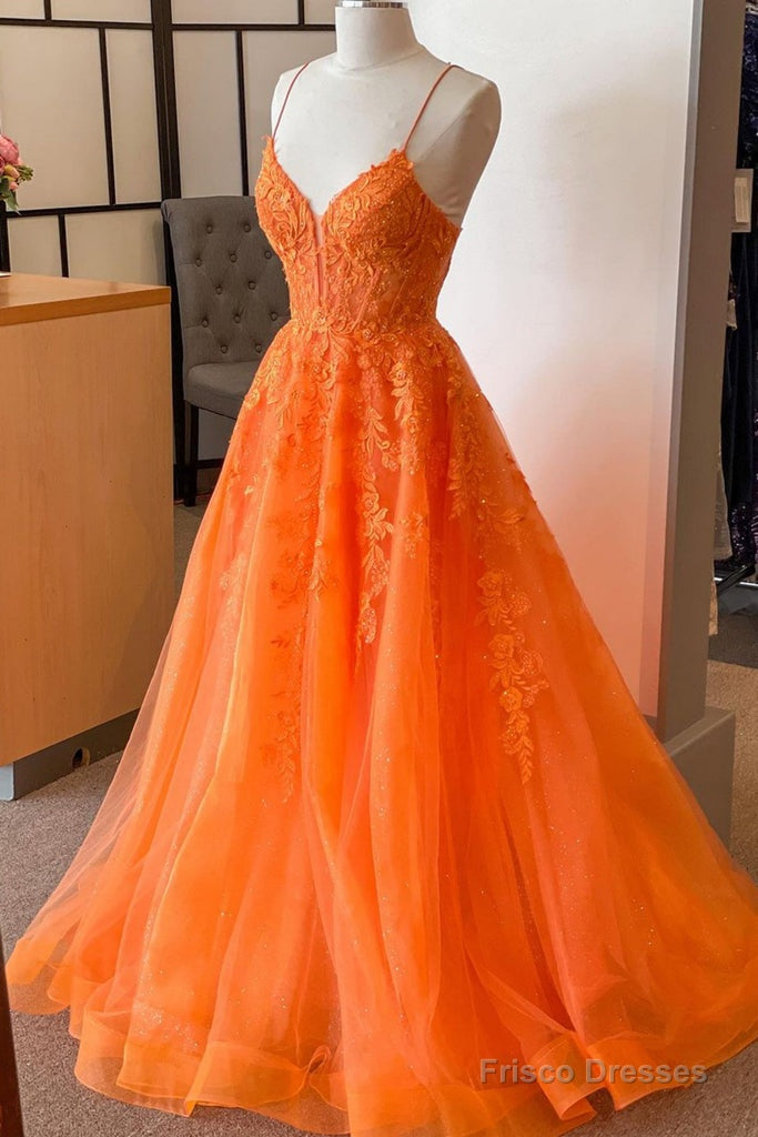 A Line V Neck Orange Lace Long Prom Dress, Orange Lace Formal Dress, Orange Evening Dress Secondary image