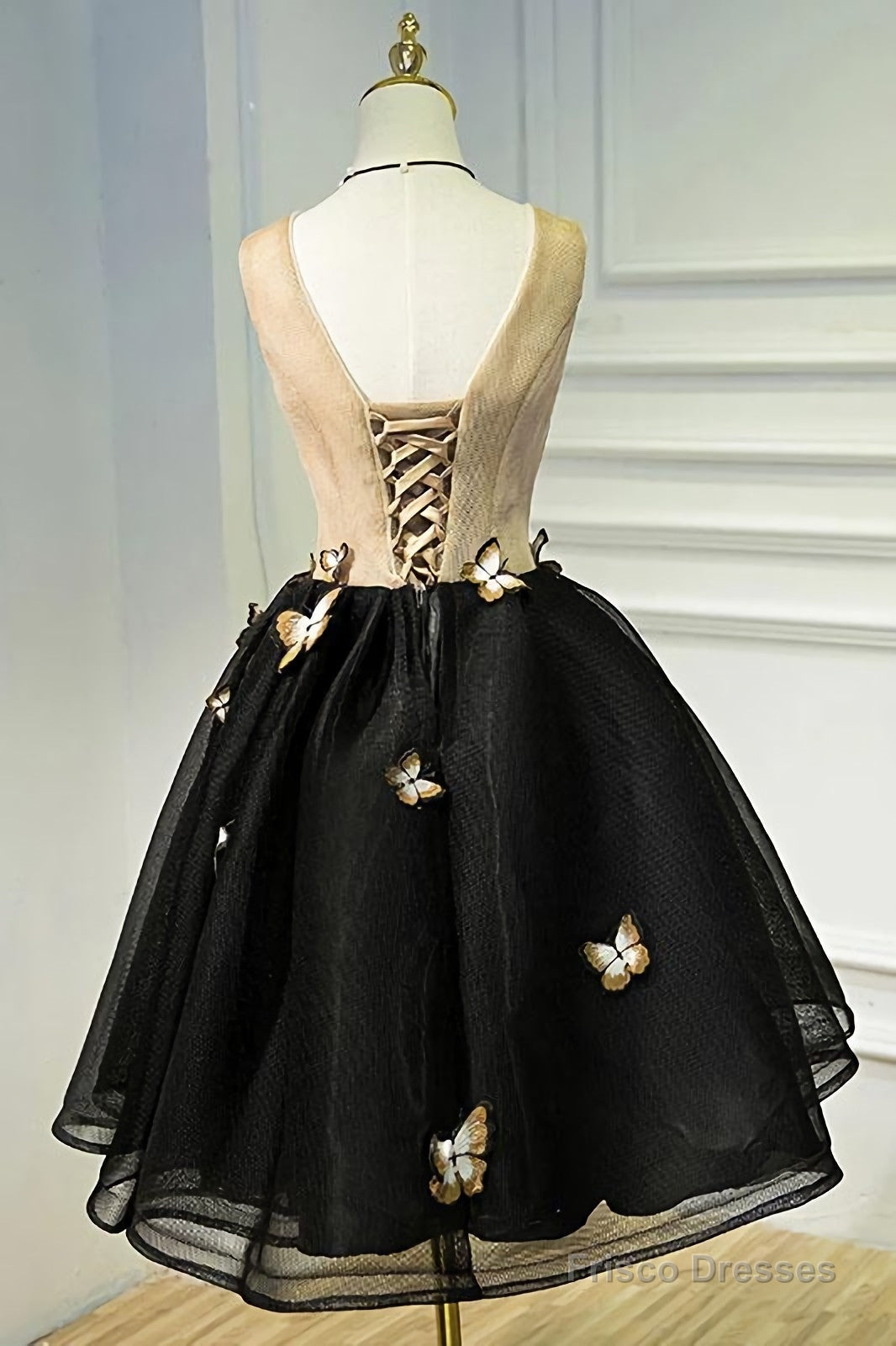 A Line Black V Neck Lace Up Homecoming Dresses, Sleeveless Prom Dress With Butterfly Secondary image