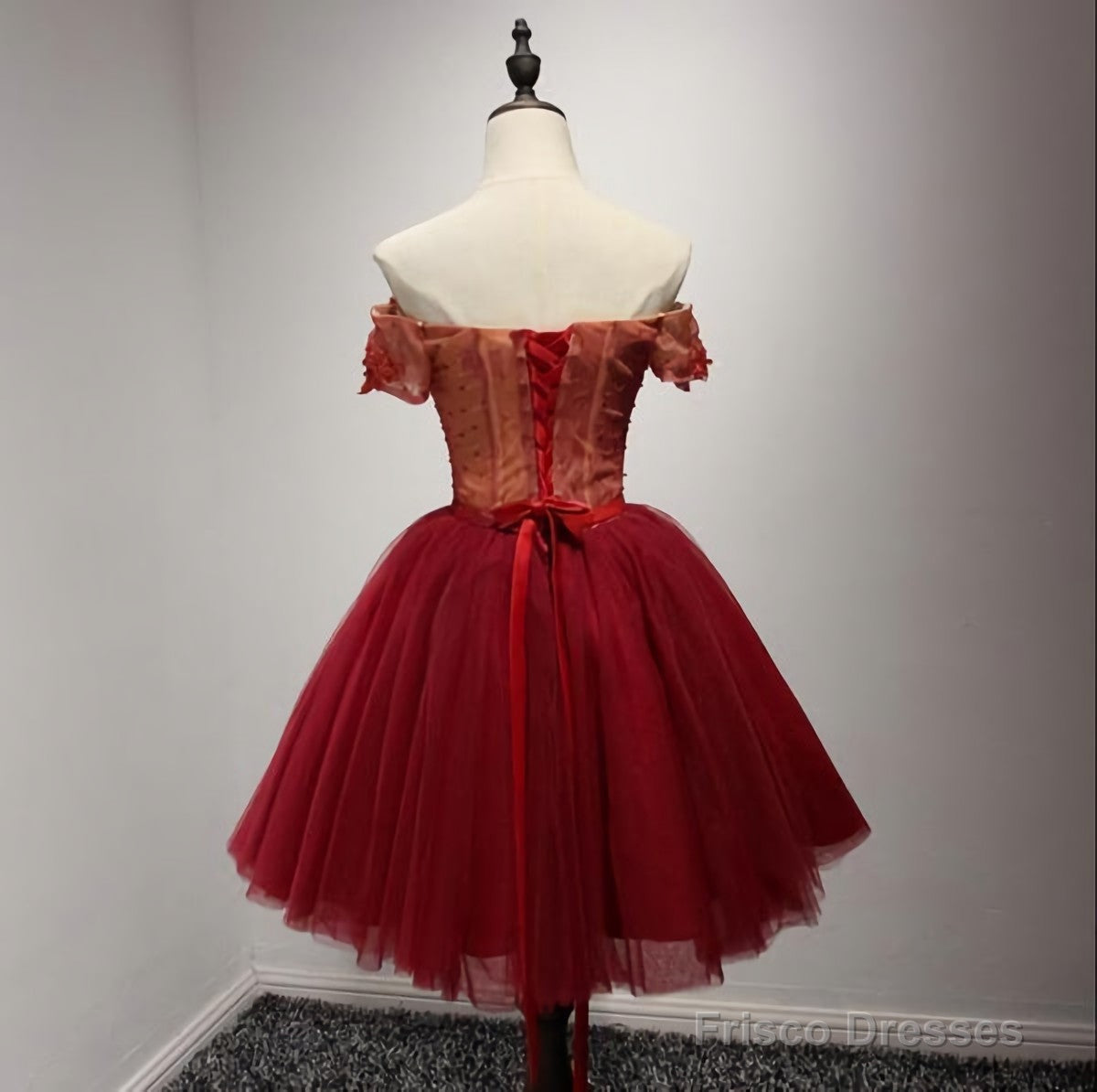 Off Shoulder Short Sleeve Red Lace Homecoming Prom Dresses, Affordable Short Party Corset Back Prom Dresses, Perfect Homecoming Dresses, B0525 Secondary image