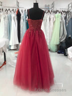 Wine Red Tulle Straps Lace Applique Long Formal Prom Dress, Wine Red Formal Prom Dress
