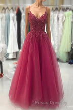 Wine Red Tulle Straps Lace Applique Long Formal Prom Dress, Wine Red Formal Prom Dress