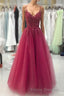 Wine Red Tulle Straps Lace Applique Long Formal Prom Dress, Wine Red Formal Prom Dress