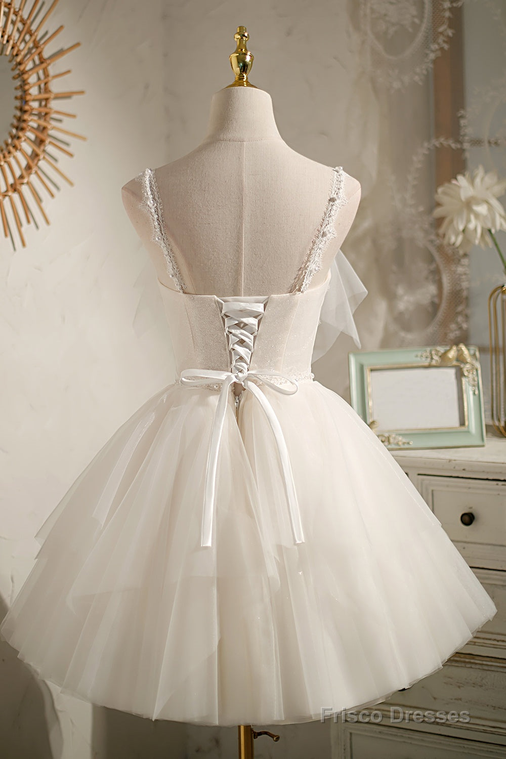 Ivory V Neck Spaghetti Straps Beading Short Homecoming Dresses Main image