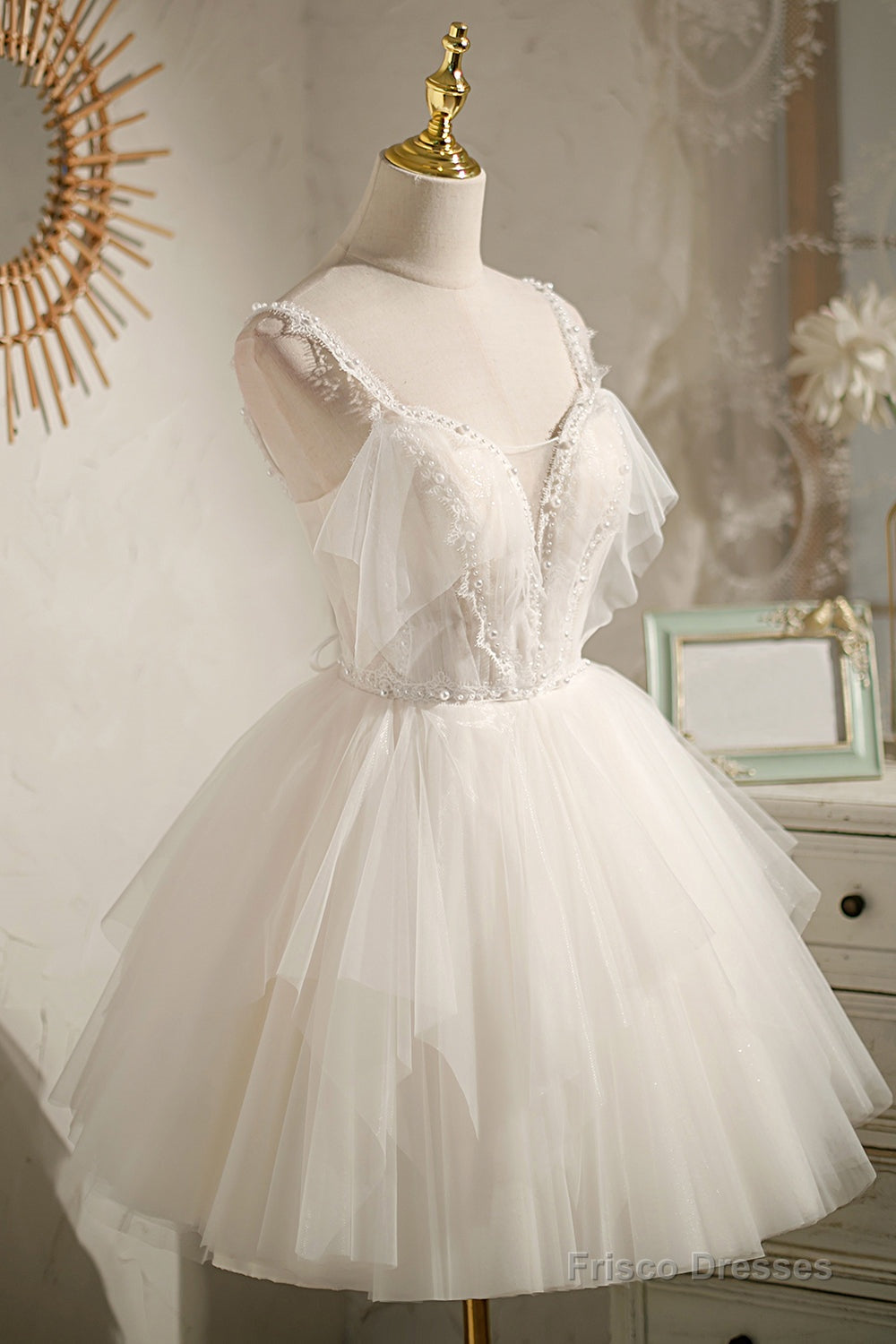 Ivory V Neck Spaghetti Straps Beading Short Homecoming Dresses Secondary image