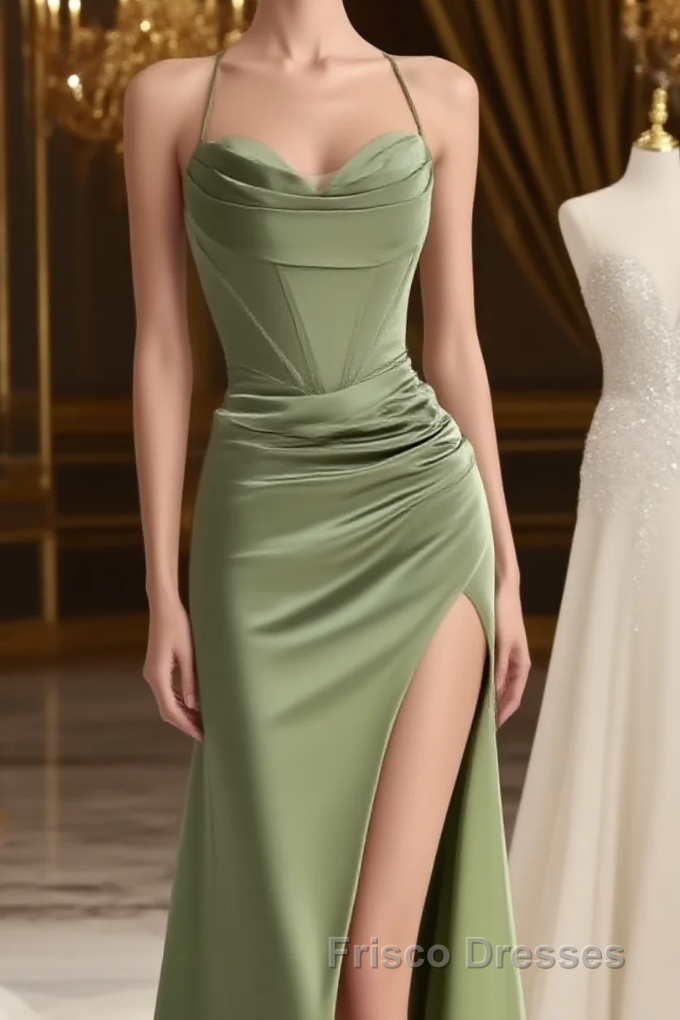 straps mermaid long Formal Prom Dress Formal Prom Dress with side slit and cowl neck