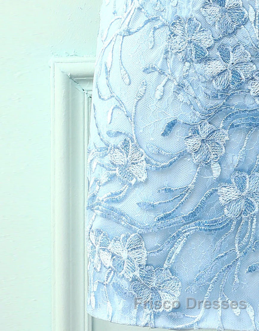 Baby Blue Spaghetti Straps Tight Homecoming Dress With Appliques