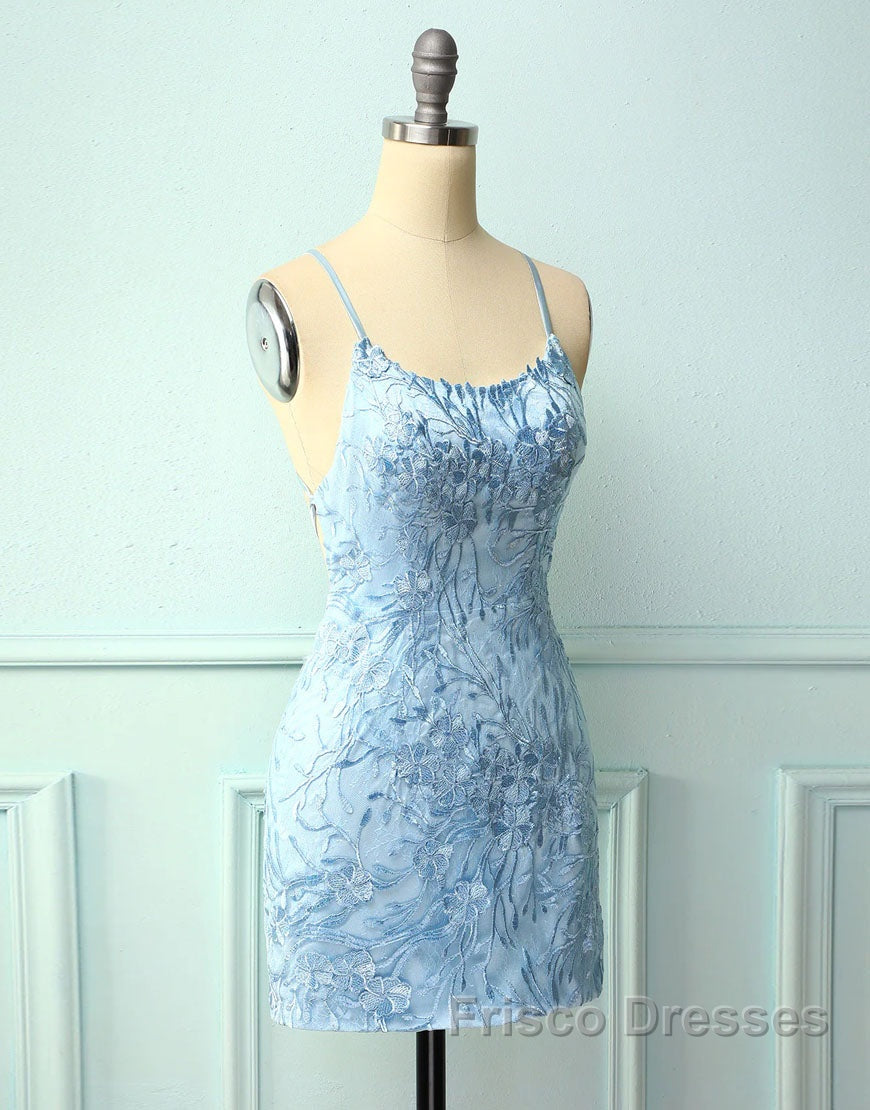 Baby Blue Spaghetti Straps Tight Homecoming Dress With Appliques Secondary image