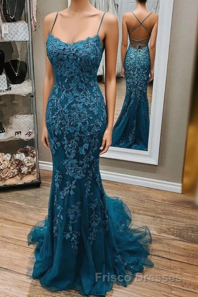 Mermaid Lace Appliques Straps Long Formal Prom Dress Evening Dress Main image