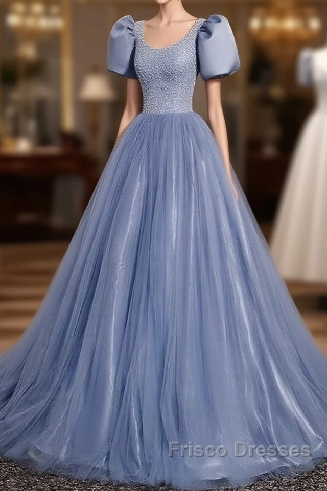 Ball Gown Dusty Blue Formal Prom Dress with Bubble Sleeves Main image
