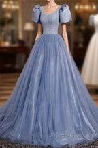 Ball Gown Dusty Blue Formal Prom Dress with Bubble Sleeves