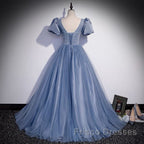 Ball Gown Dusty Blue Formal Prom Dress with Bubble Sleeves