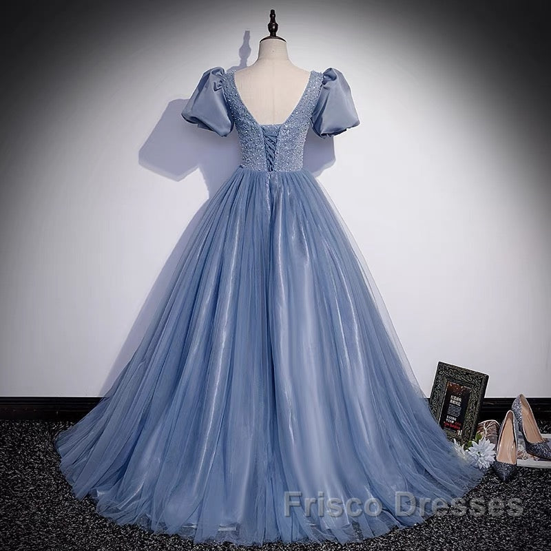 Ball Gown Dusty Blue Formal Prom Dress with Bubble Sleeves