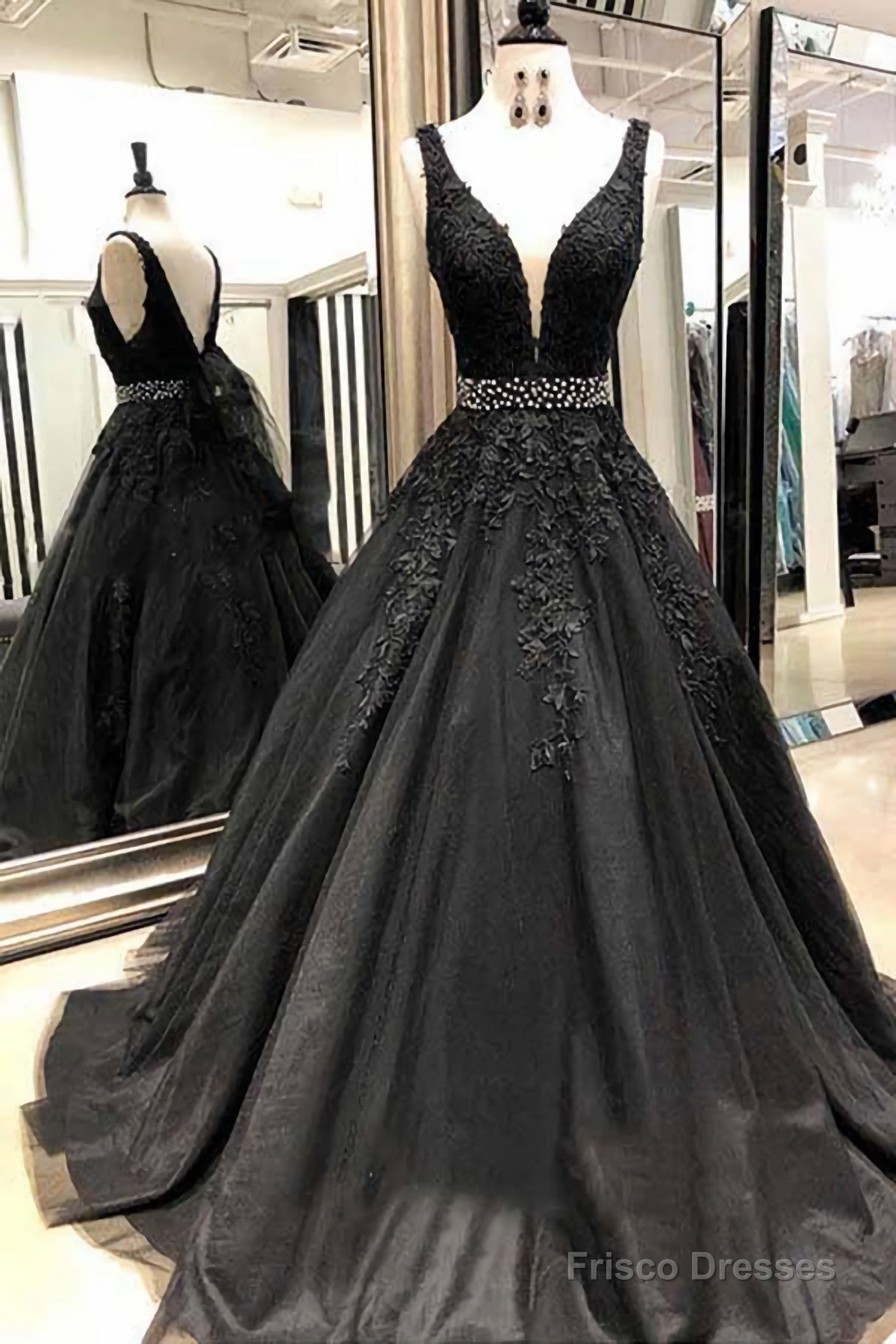 Ball Gown Straps Black V Neck Lace Appliques Prom Dresses, Beads V Back Dance Dress Main image