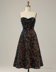 Black A-Line Tea Length Strapless Glitter Sequin Party Dress