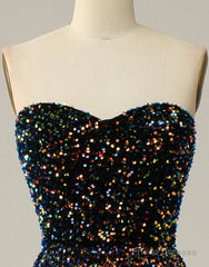 Black A-Line Tea Length Strapless Glitter Sequin Party Dress