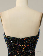 Black A-Line Tea Length Strapless Glitter Sequin Party Dress