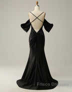 Black Off The Shoulder Criss-Cross Back Long Satin Formal Prom Dress
