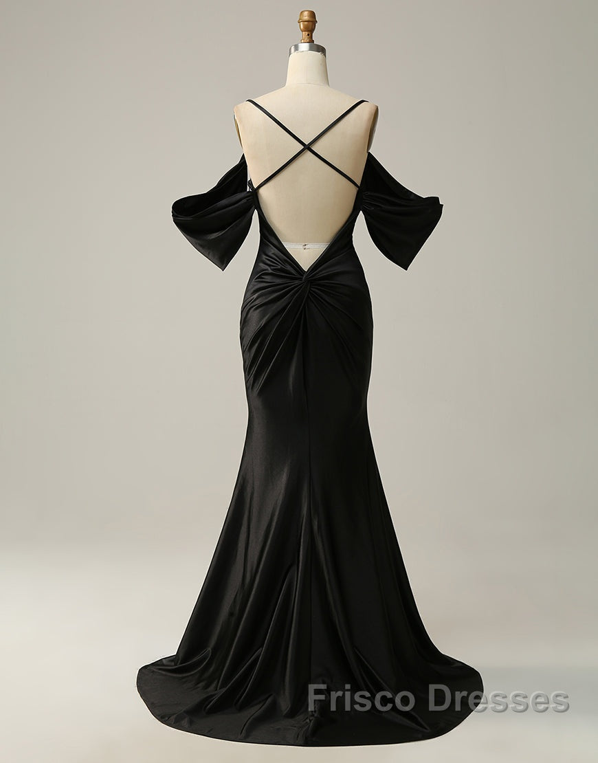 Black Off The Shoulder Criss-Cross Back Long Satin Formal Prom Dress